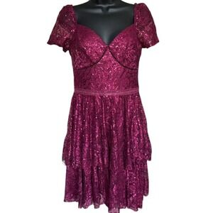 DB Studios All Over Lace Mini Dress Sz 4 Red Sequins Homecoming Glam FairyGrunge